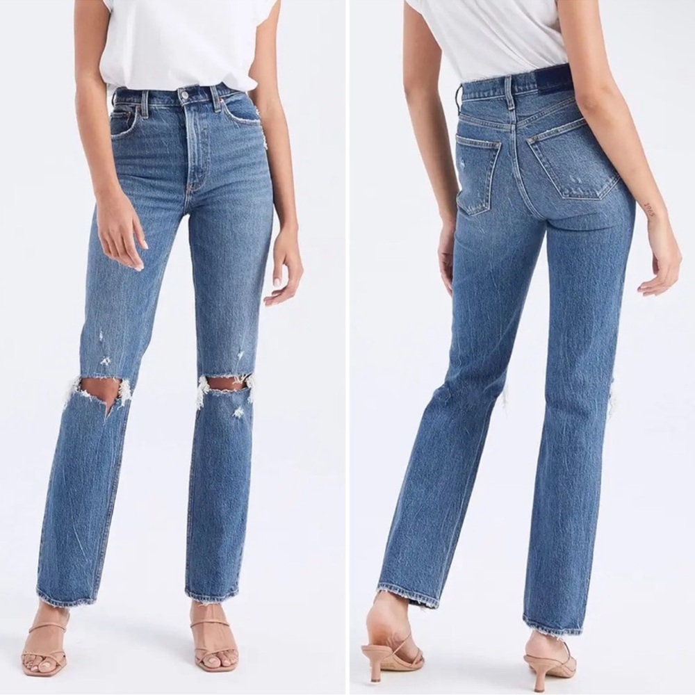Abercrombie & Fitch High-Rise Distressed Straight Jeans - Medium Blue